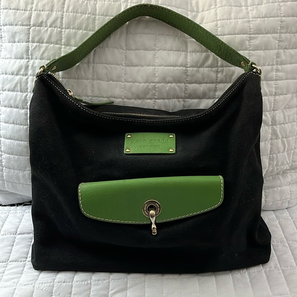kate spade Handbags - 8 - Kate Spade Black Canvas Satchel w/ Green Pebbled Leather Accents & Strap